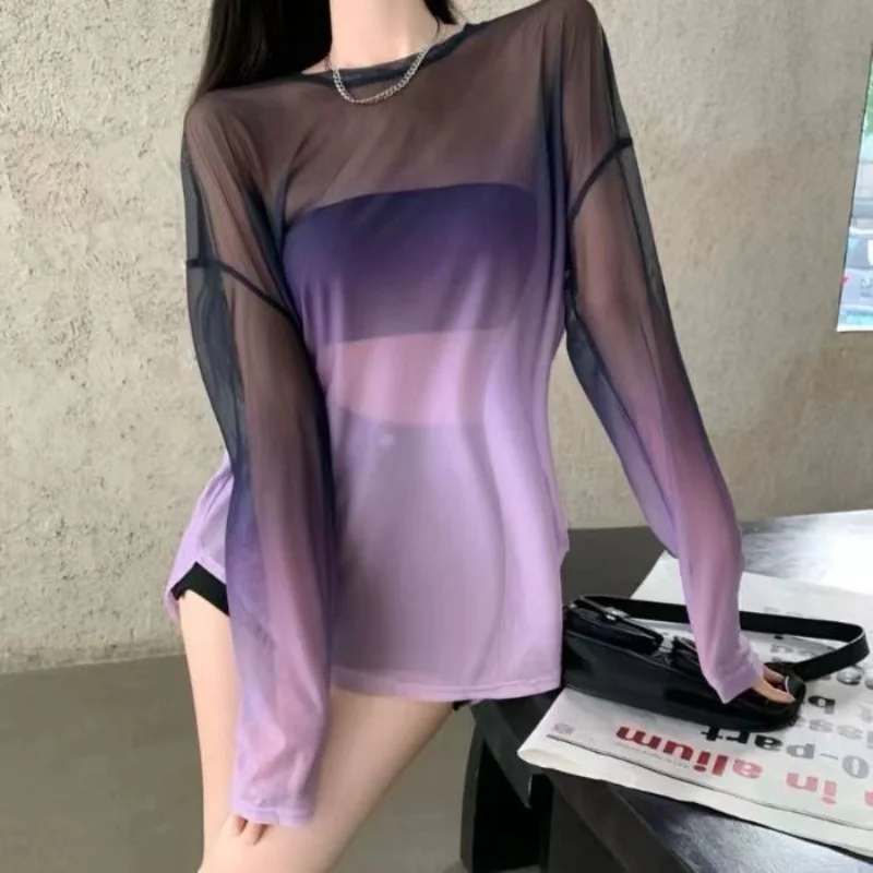 Hollow Backless Bandage Smock Tops Fashion Gradiet Mesh T-shirt Beach Outfits for Women New Summer See Through Cover Up