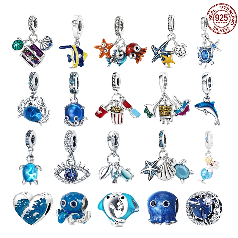

Ocean Pendant 925 Sterling Silver Shell Dolphin Mermaid Blue Bead Pandora Original Bracelet DIY Fashion Jewelry for Women