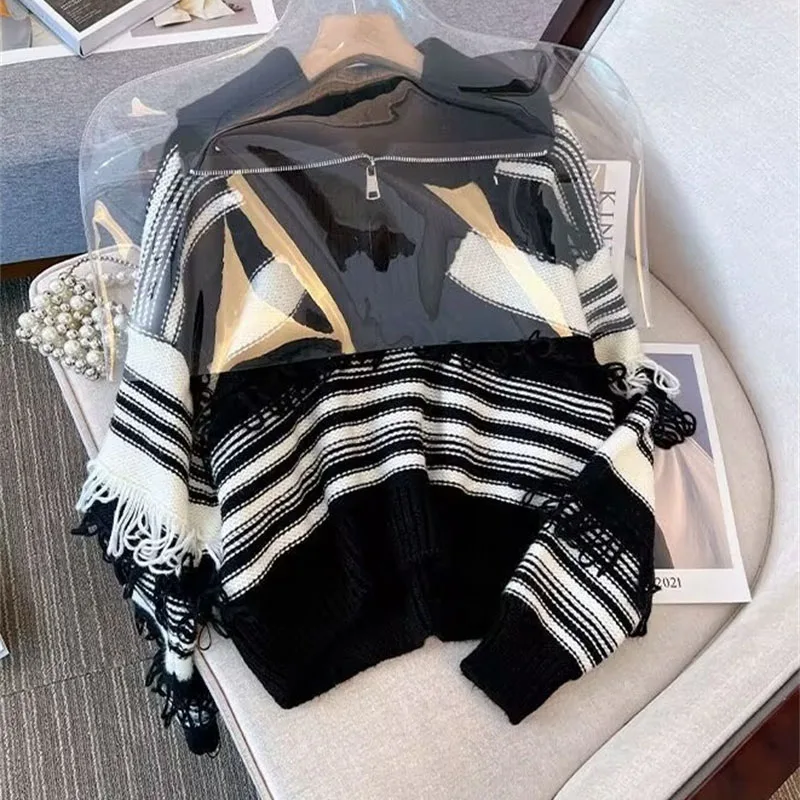 Весенне-осенний новый женский модный свободный вязаный ретро полосатый свитер с