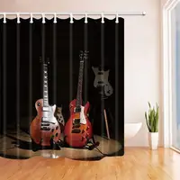 Music Decor Electric Guitars on Lighted Wooden Floor Shower Curtains Polyester Fabric Waterproof Bath Curtain Shower Curtain