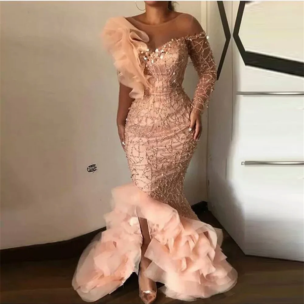 

Elegant Peach Sparkle Beaded Mermaid Evening Dresses Ruffles One Shoulder Sequined Long Sexy Prom Party Gowns