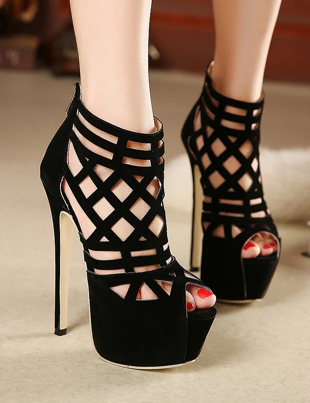 

Hot Brand new women sandals Flock Slip On 16CM Thin Heels High heels Peep Toe Shallow waterproof Cutout sandal women shoes