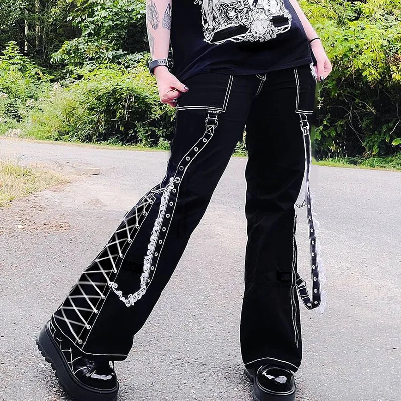 Gothic Women Baggy Jean Aesthetic Lace Up Patchwork Dark Academia Streetwear Punk Bandage Denim Pants Straight Pants