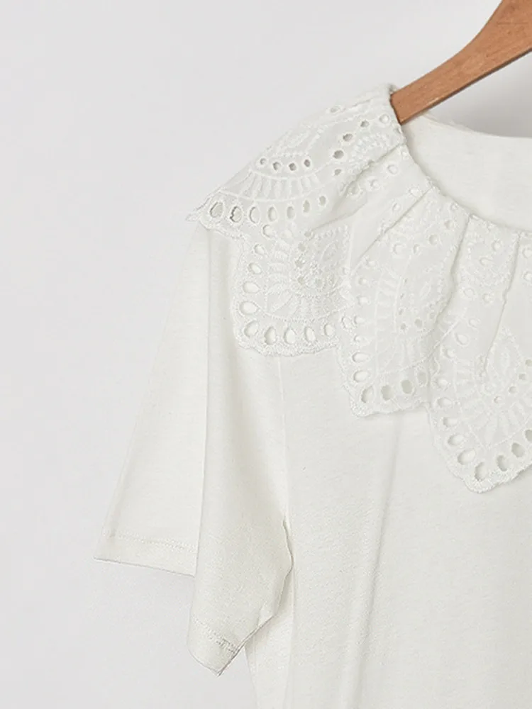 

Embroidered Lace Women Trim Collar T Shirt Short Sleeve Ladies Tee Tops All-Match t-Shirts 2022 Spring Summer New