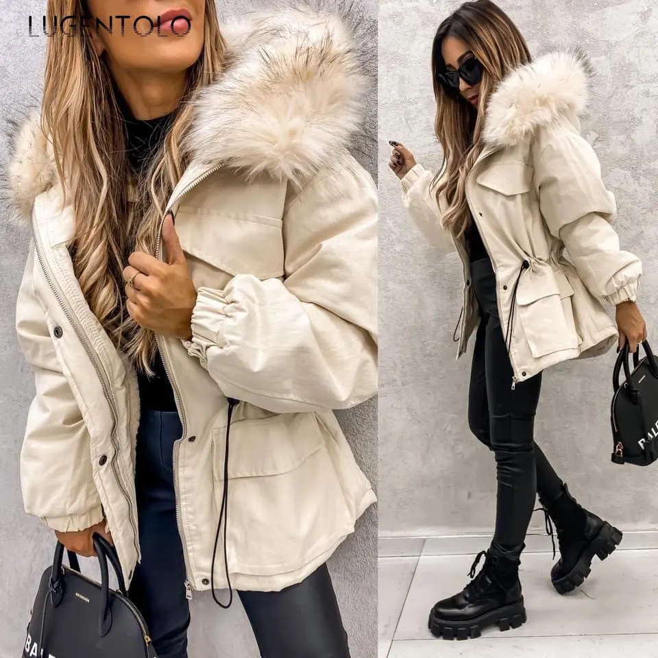 

Women Warm Parkas Winter Coat Hooded Burrs Solid Casual Thicken Zipper Female Loose Fashion Long Sleeve Puffer Jacket Lugentolo