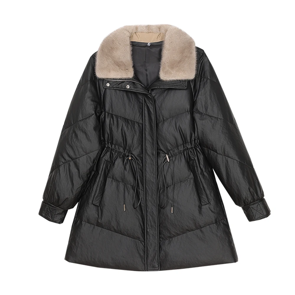 New Women Leather Down Coat Winter Casual Warm Mink Fur Collar Drawstring Medium Sheep Leather Down Jacket Loose Thick Coats