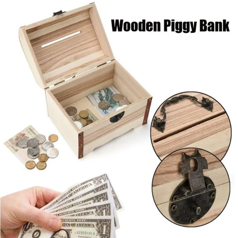 

Lock wooden piggy bank Handmade vintage children's coin box decorative storage box bank notes and coins safe money box