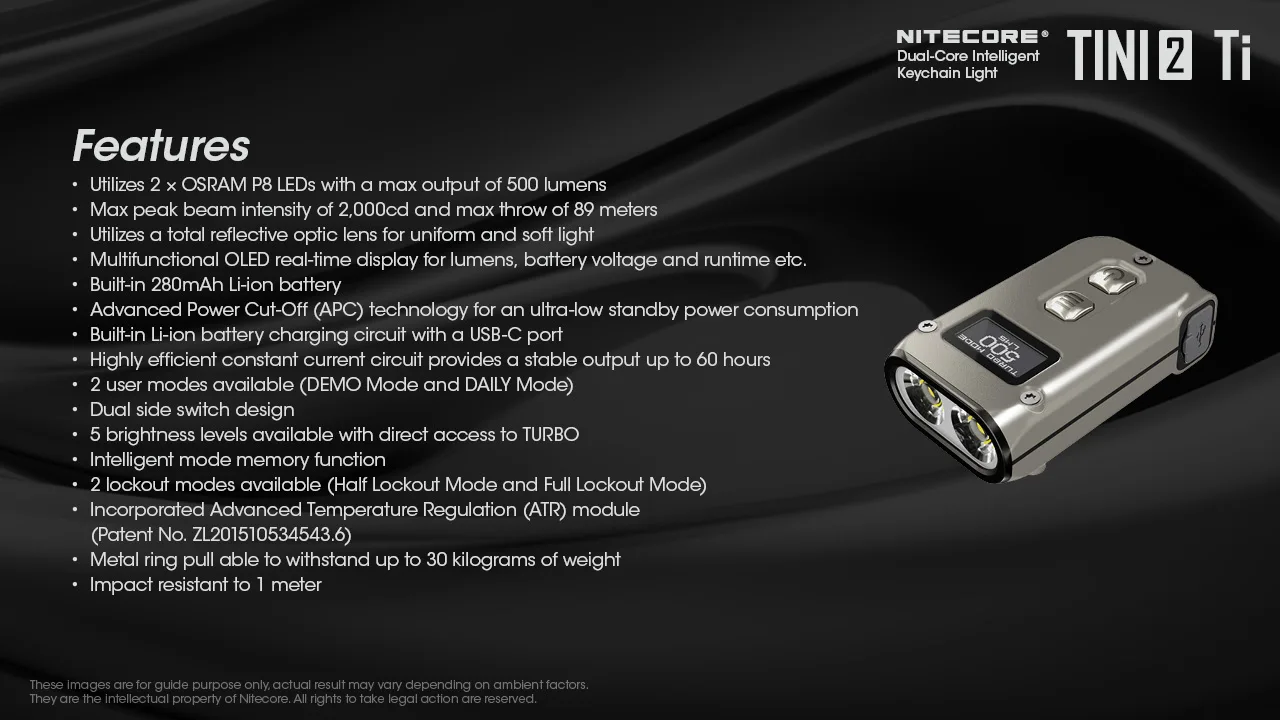 Nitecore Flash светильник TINI2 Ti титановый сплав SS корпус из нержавеющей стали light 500