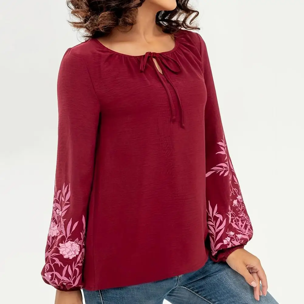 

Женский топ с длинным рукавом, плиссированный пуловер с цветочным принтом, женская футболка на шнуровке с ажурными деталями, свободный крой, легкий и длинный