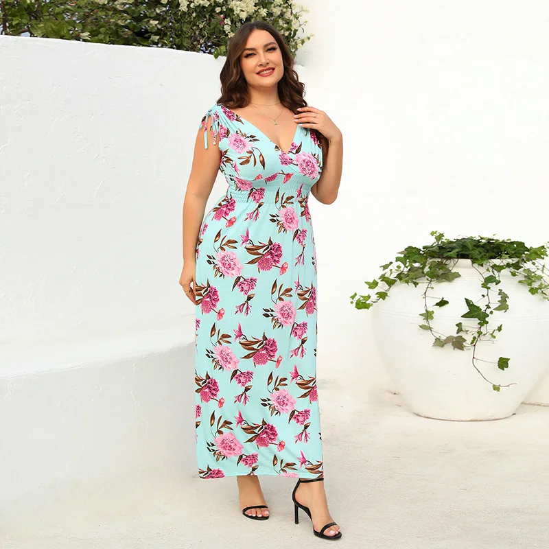 

Spring And Summer New Print Plus Size V-neck Dress Hot Selling For Women Sexy Sleeveless Large Swing Long Beach Skirt Wholesale
