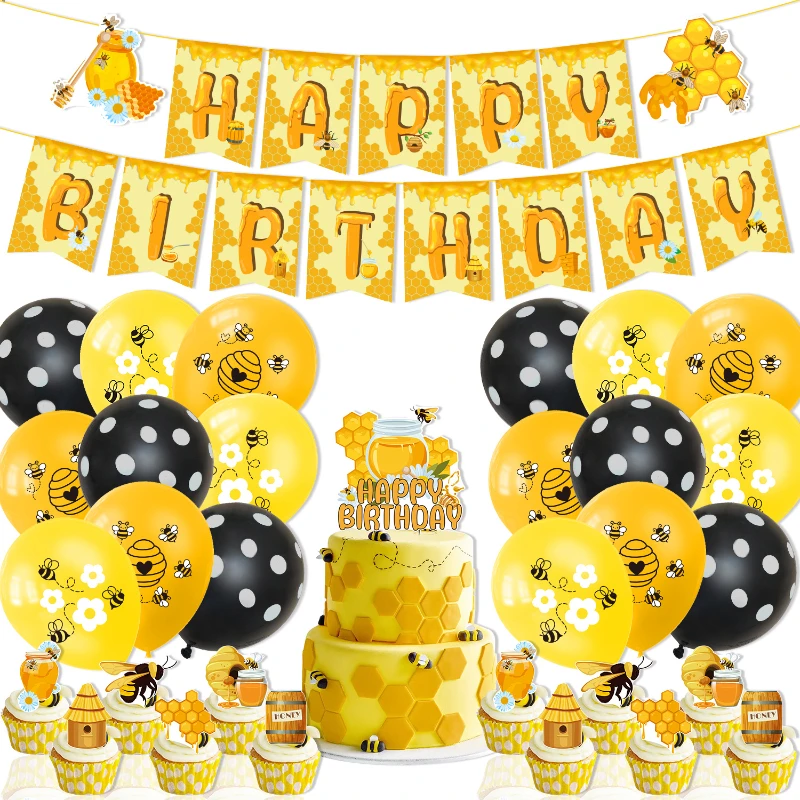 

Little Bee Party Theme Birthday Party Honeycomb Table Banner Spiral Set Latex Balloon Set Cake Card Decoration Happy Holidays