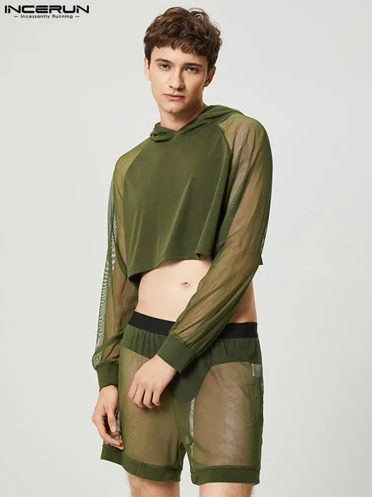 

INCERUN пижамный комплект для мужчин Mesh лоскутное прозрачное с капюшоном с длинным рукавом укороченные толстовки и шорты 2022 сексуальные повсе...