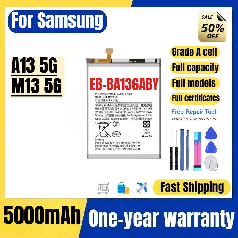 Фото Аккумулятор EB-BA136ABY для Samsung A13 5G/M13 5G, высококачественный, большой емкости, сменный, класс А, с инструментами для установки №1