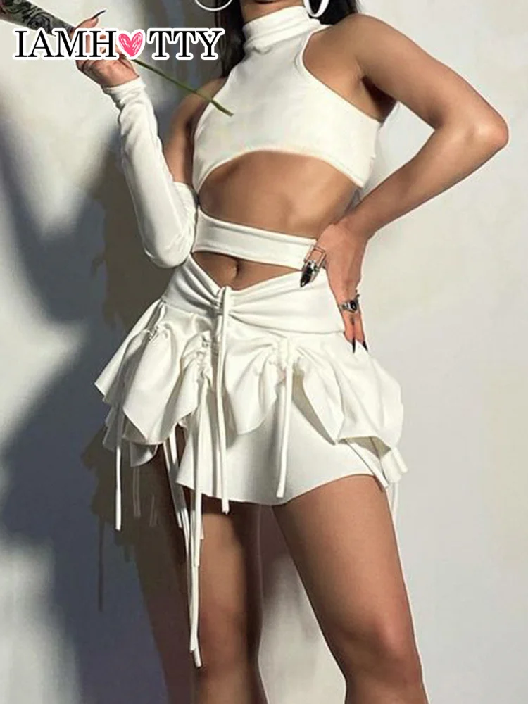 

IAMHOTTY Cascading Ruffle A-line Mini Skirt Women Ruched Bandage Sexy Short Skirts Hollow Out High Waist Vintage Grunge Outfits