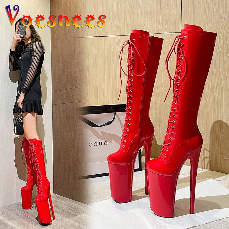 

26CM Platform Long Tube Knee-High Leather Women Boots Super High Heels Solid Color Model Stage Show Zipper Lace-up Women Shoes