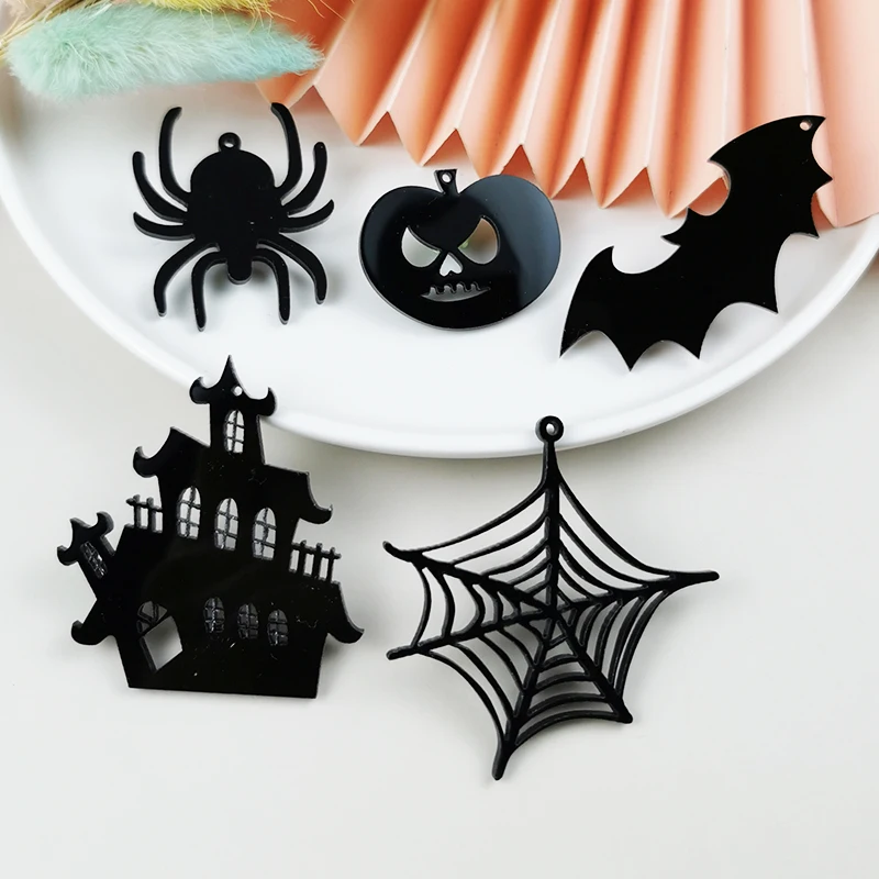 

ApeUr 10pcs/pack Black Halloween Acrylic Charms Castle Bat Spider Web Pendant for Jewelry Making DIY Earring Keychain Finding