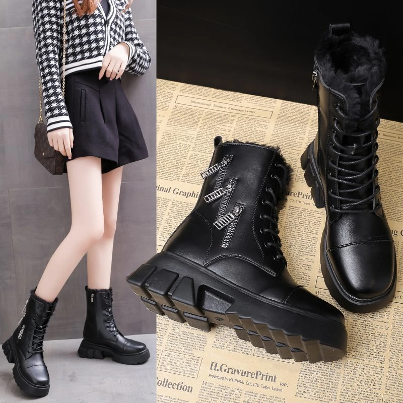 

Women Winter Ankle Boots PU Leather Warm Plush Wedges Snow Boots Female Height Increase Shoes Woman Zip Chunky Platform Booties