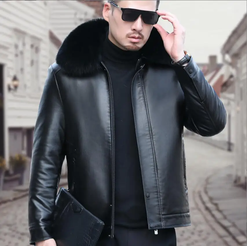 

Winter Men real Leather fox fur collars Jacket Coats Male Thick Motorcycle Jacket Warm Biker Jacket M-4XL