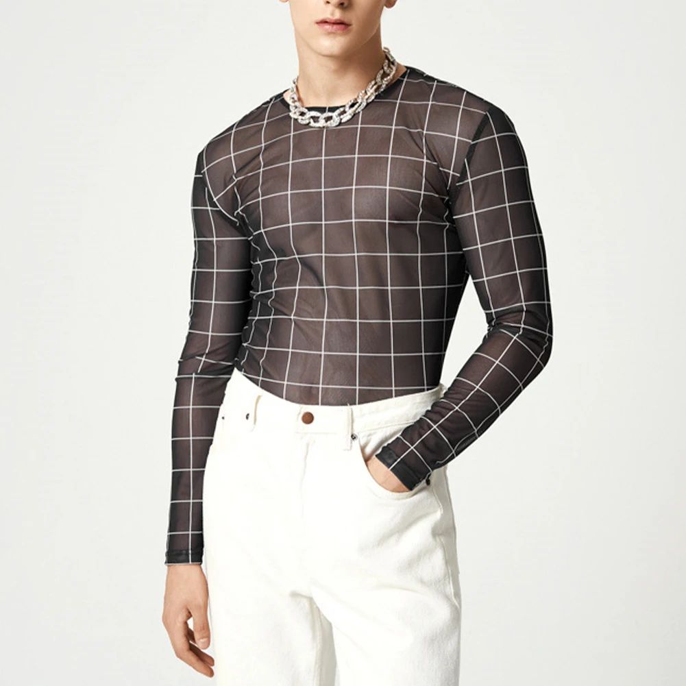 

Men Sexy See Through T-shirts Ultra Thin Mesh Shirts Long Sleeve Plaid Top Slim Fit Pullovers Male Fashion Streetwear Tee Top