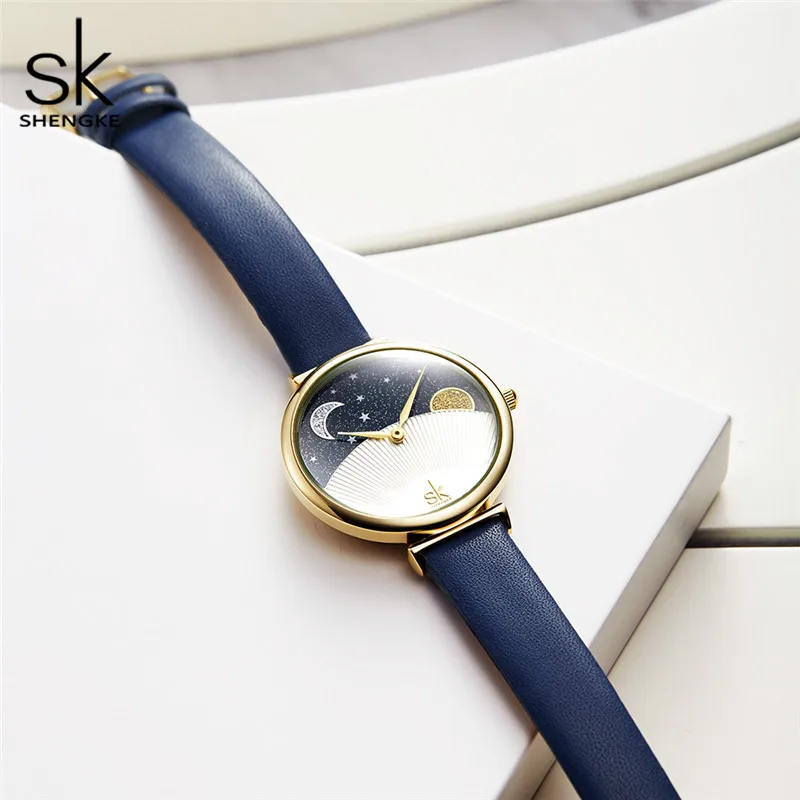 SHENGKE Fashion Design Bule Leathe Strap Women Watches Original Woman's Quartz Wristwatches New Moon Ladies Clock Dropshipping enlarge