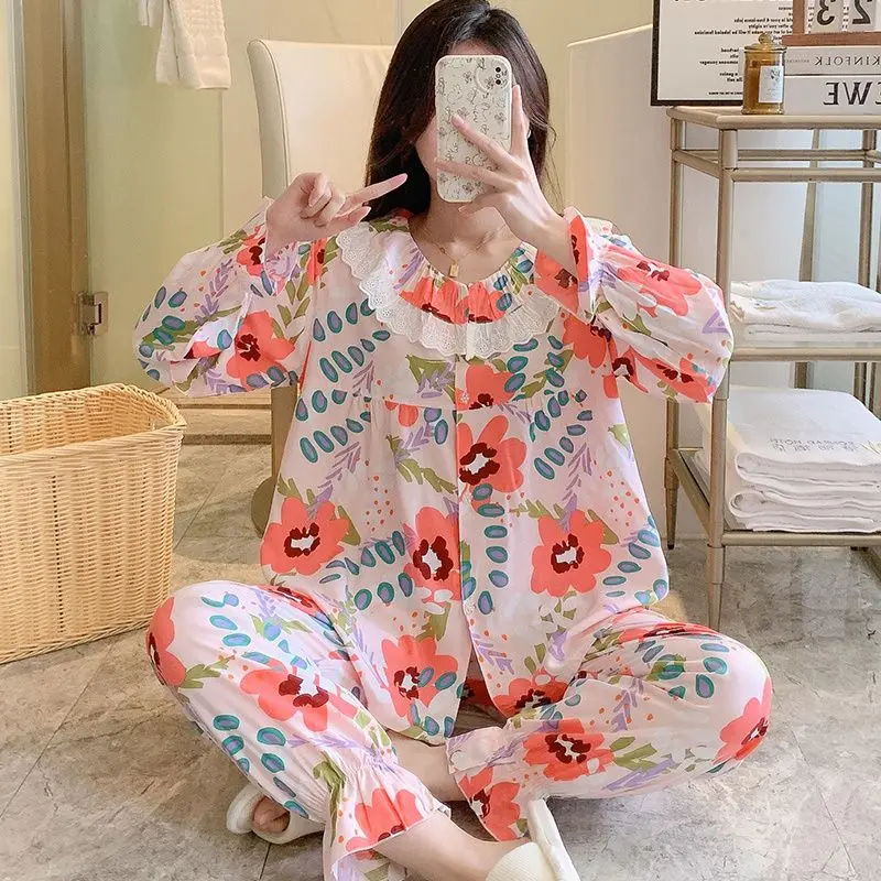1 Spring and autumn new cotton silk pajamas women's thin suit cardigan plaid cardigan cotton home clothes