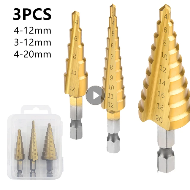 

3pcs/set HSS Titanium Step Drill Bit 3-12mm 4-12mm 4-20mm Metal Wood Hole Cutter Opening Straight Groove Core Drilling Tools Set