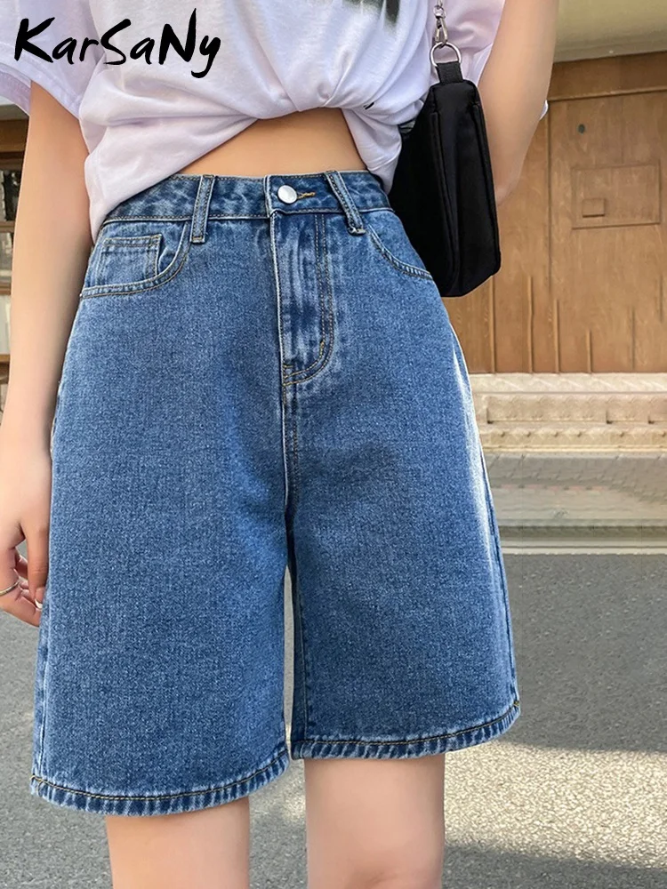 Женские винтажные джинсовые шорты KarSaNy, летние шорты с широкими штанинами и высокой талией, свободные прямые шорты, цвет голубой