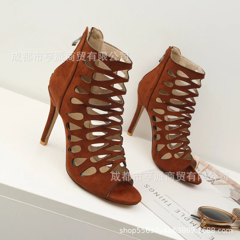 Large 40 - 46 Hollow Fishbill Women's High Heel Sandals Round Head Thin Heel Solid Women's Shoes