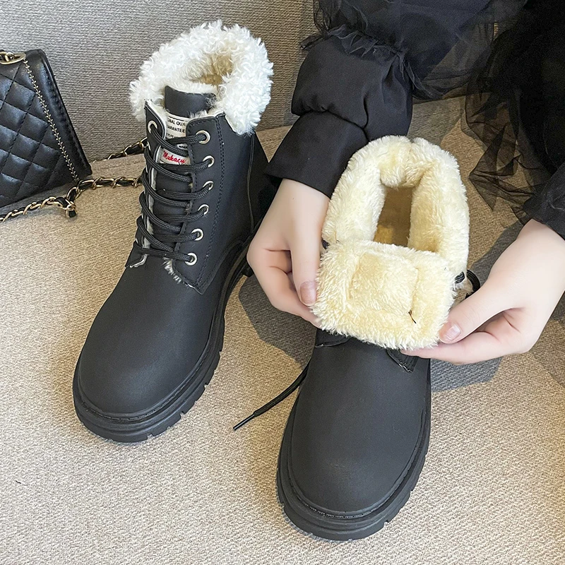 New Women's Boots Warm Plush Ladies Shoes Leather Lace Up Thick-soled Square Chunky Heel Snow Boots Ladies Mid Calf Boots
