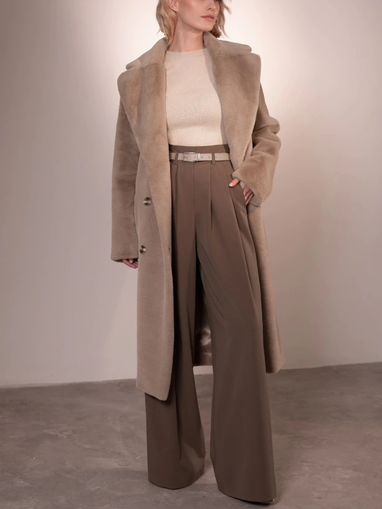 Elegant Single Breasted Luxury Faux Fur Coats with Belt 2022 Women's Autumn Winter Fashion Turn-down Collar Fluffy Long Outwear