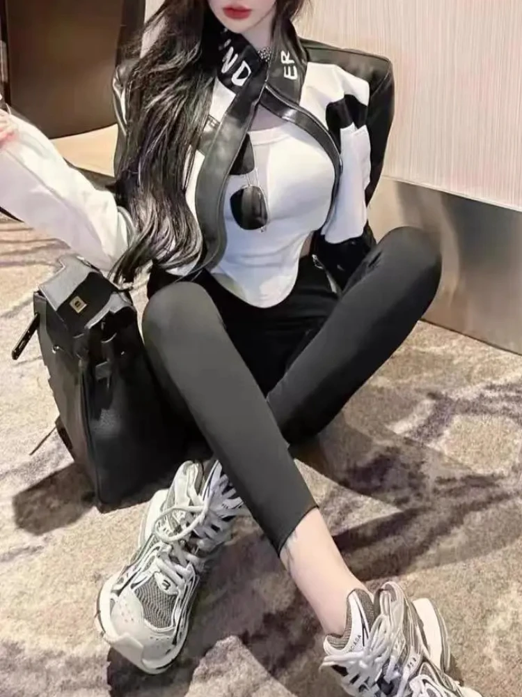 Women's Moto Biker Zipper Jacket Letter Print Black and White PU New Outerwear Jackets for Women 2023 Loose Short Leather Jacket