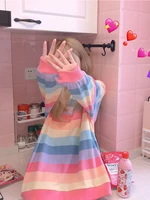 deeptown harajuku rainbow striped hoodies women kawaii kpop oversize sweatshirts loose long sleeve tops korean style sweet girl