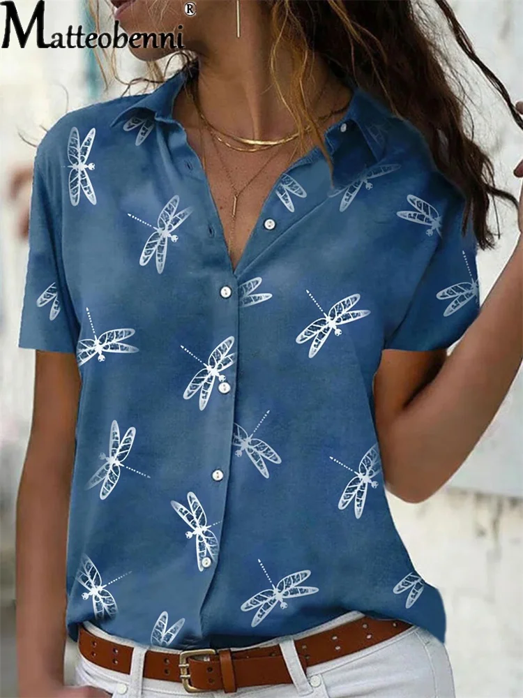 

2022 Women New Dragonfly Print Shirt Blouse Turndown Collar Short Sleeve Summer Women Shirts Tops Fashion Casual Ladies Clothing