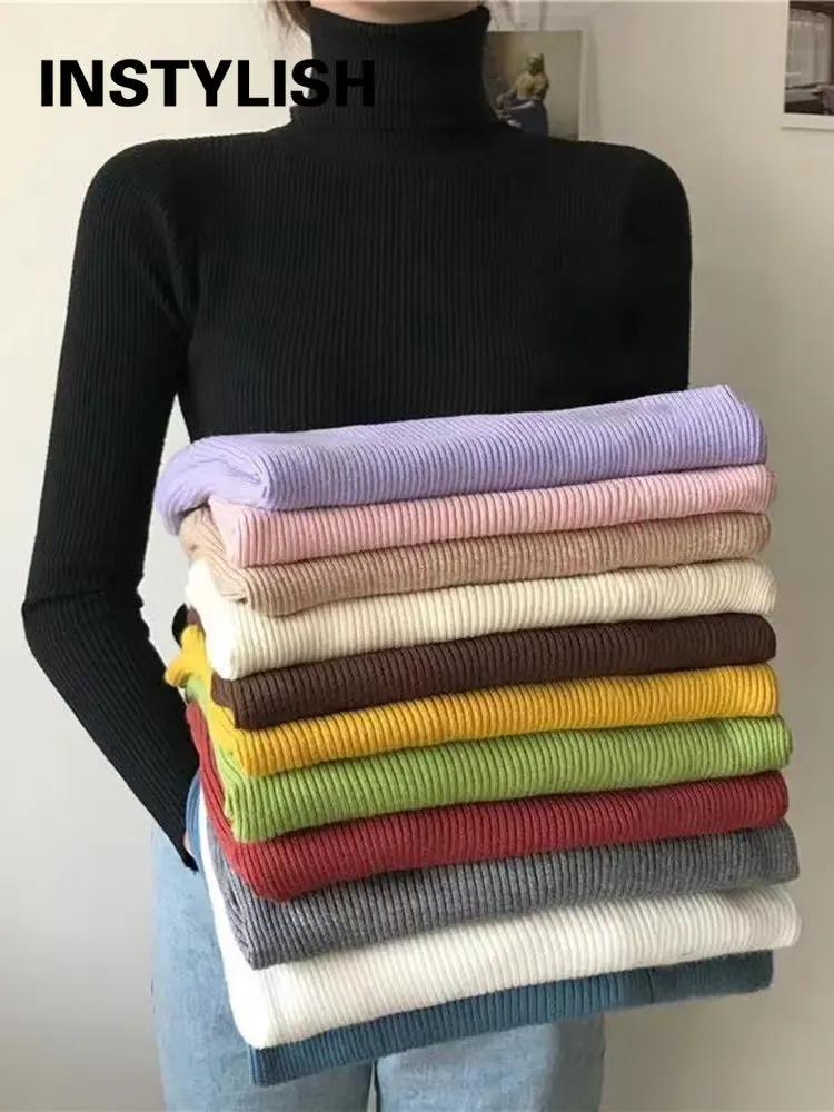 Женский свитер с высоким воротником, винтажный пуловер в стиле Харадзюку, однотонный базовый Вязаный топ в Корейском стиле, облегающий Эластичный Элегантный Шикарный джемпер, Осень-зима