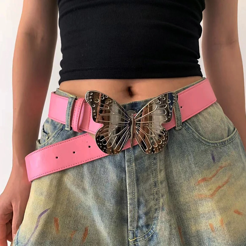 Fashion Metal Butterfly Belt Women Girls Large PU Leather Wide Waist Belt Jeans Dress Waistband Punk Buckle Solid Color