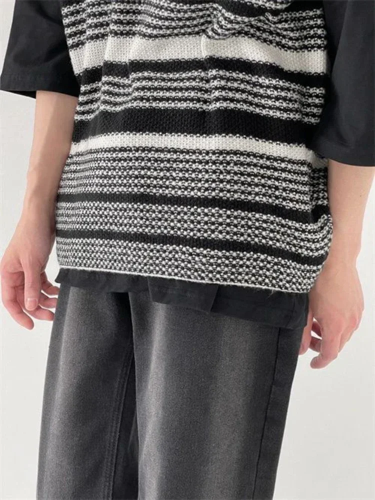 Полосатый вязаный свитер мужской жилет Мужская одежда синий без рукавов с