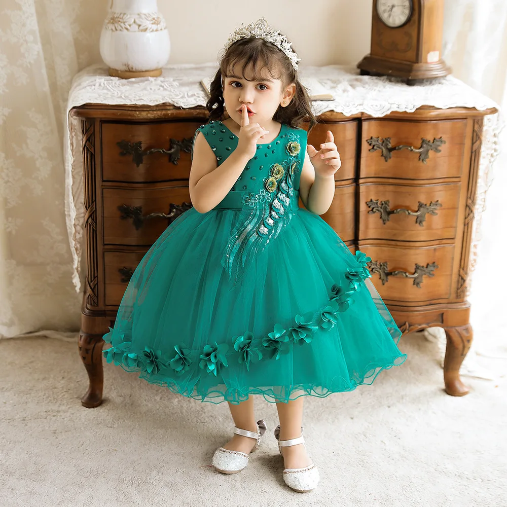 

Green Flower Girl Dresses with Pearls First Communion Lace Dresses For Kids Princess Ballgown Pageant Party Gowns