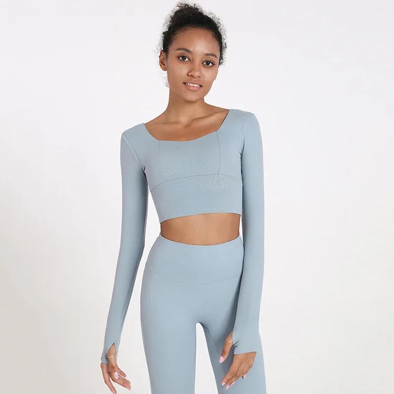 Lulu Women Sports Top Crop With Chest Pad Crop Navel Fitness Long Sleeves Round Neck Backless Yoga Shirt Running T-Shirt