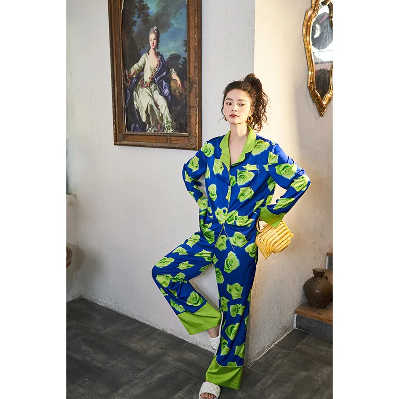 2022 new green rose high-end ice silk long-sleeved pajamas set  two piece set summer pajama set women