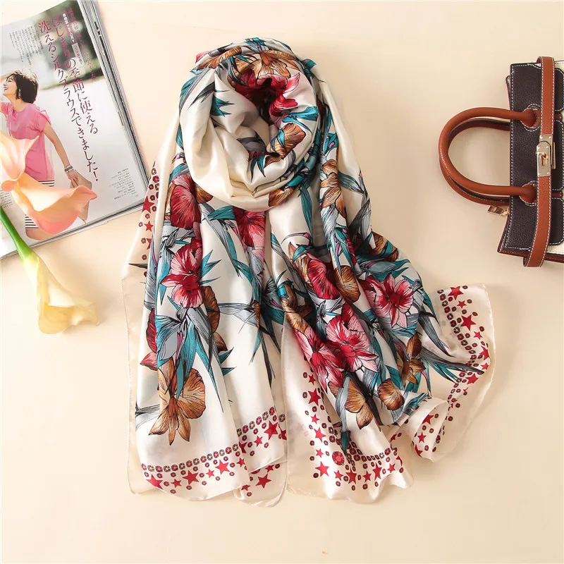 

Classic women silk scarf female scarves ladies beach wrap chiffon shawl floral Printed sunscreen bandanna foulard muffler