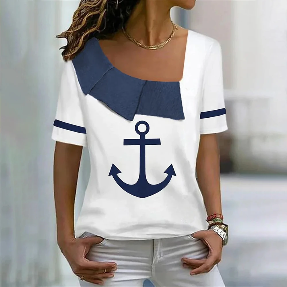 Summer Women T Shirt Boat Anchor Print Fashion V Neck Short Sleeve Tees Tops Pullover Women's Casual Loose T-shirt Y2k Clothing 1