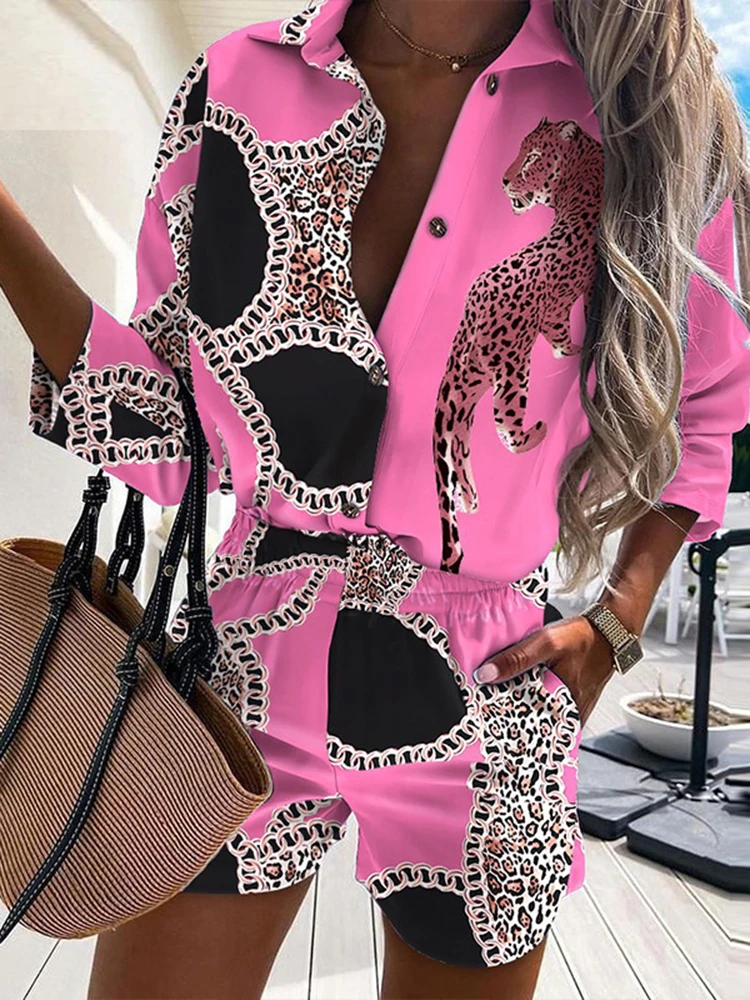 

2022Summer Fashion Shorts Suit For Women Leopard Print Shirt + Pocket Shorts Suits Turn Down collar Women's Blouse Office Shorts