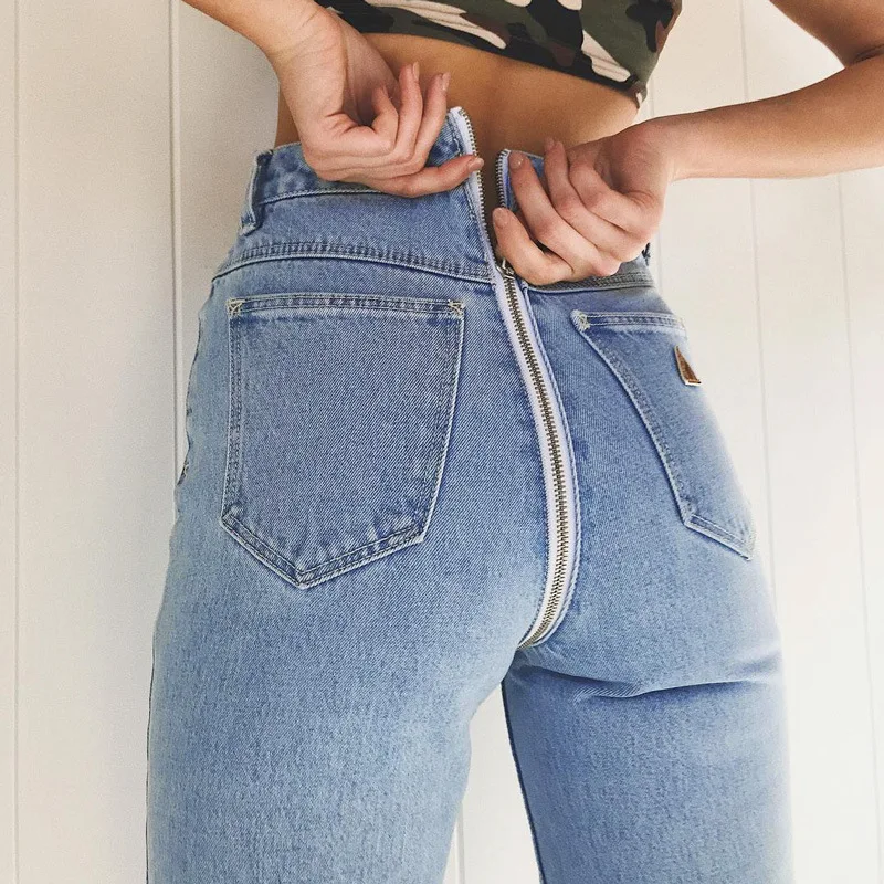 

2022 New Sexy Back Zipper Long Jeans Women Basic Classic High Waist Skinny Pencil Light Blue Denim Pants Elastic Stretch Jeans