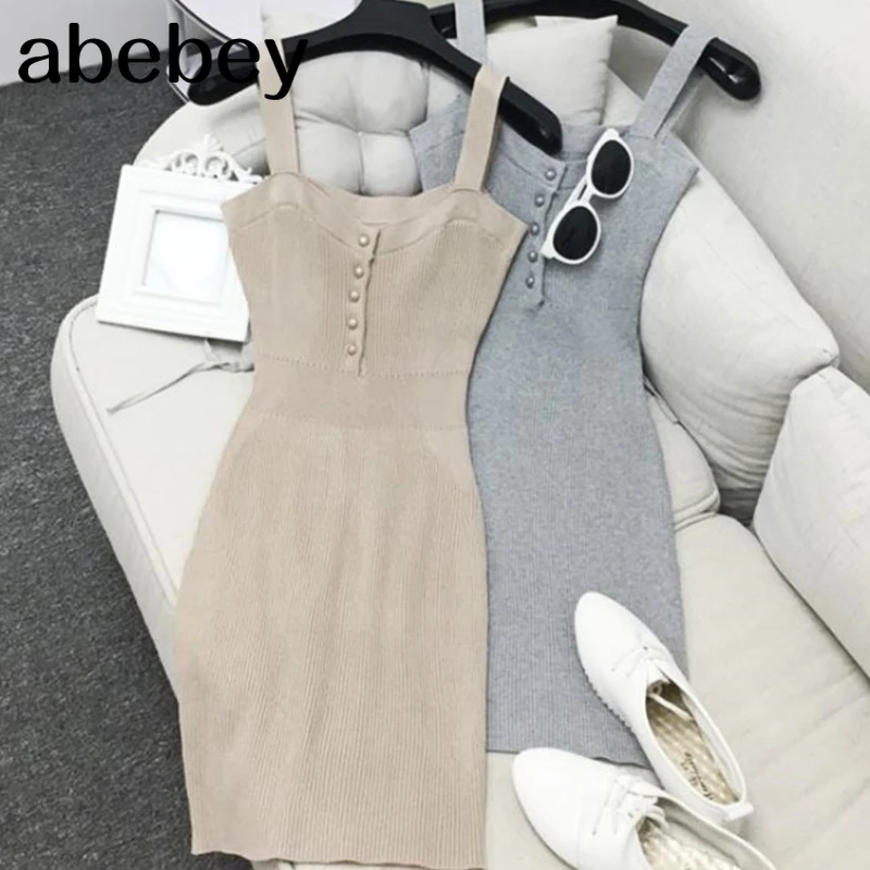 

Summer Women Knitted Dress Sexy Slash Neck Solid Spaghetti Strap Sleeveless Dress Female Casual Knitting Dresses Vestidos SF943