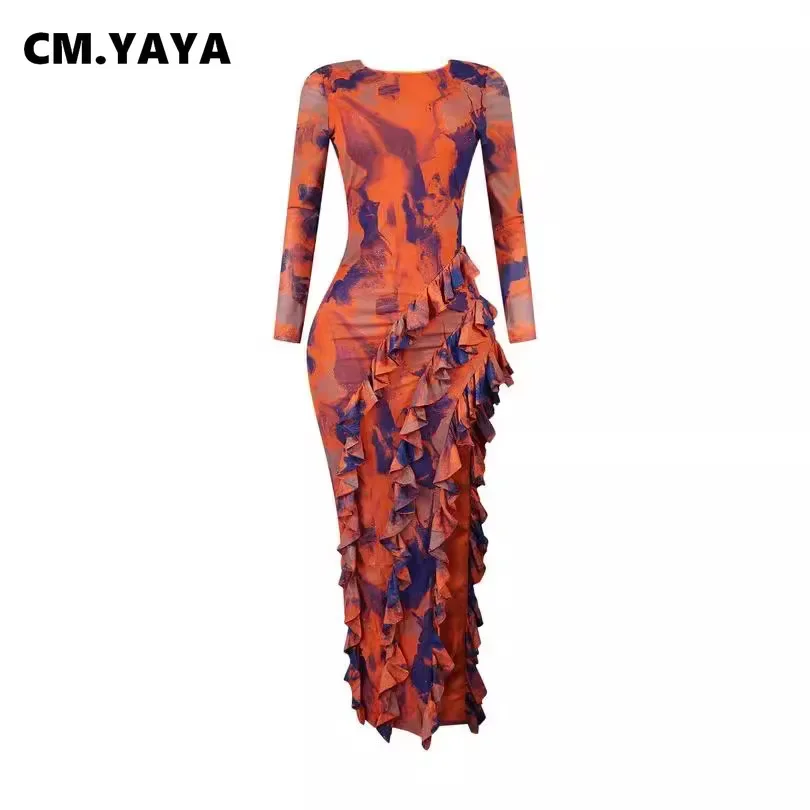 CM.YAYA женское облегающее платье с длинным рукавом и высоким разрезом по бокам