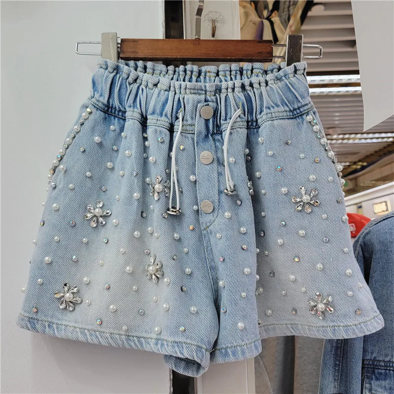 Exquisite Rhinestone Handmade Beaded High Waist Jeans Shorts Women Loose Slimming Wide-Leg Denim Shorts Spring  Summer Bottoms