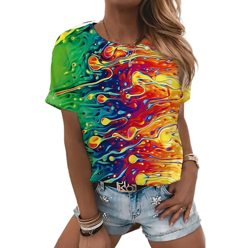 

2022 Verano Nuevo Top Impresión 3D Gradiente Cuello redondo Camiseta de manga corta Top de color arcoíris