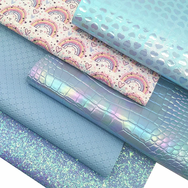 Синие Блестящие Кожаные листы с сердцем и крокодиловым тиснением из