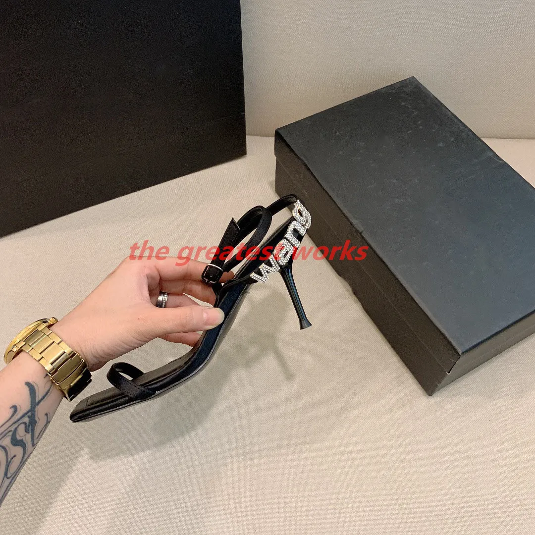 

2022 summer new rhinestone letter high heels sexy stiletto square toe open toe Roman outer wear sandals