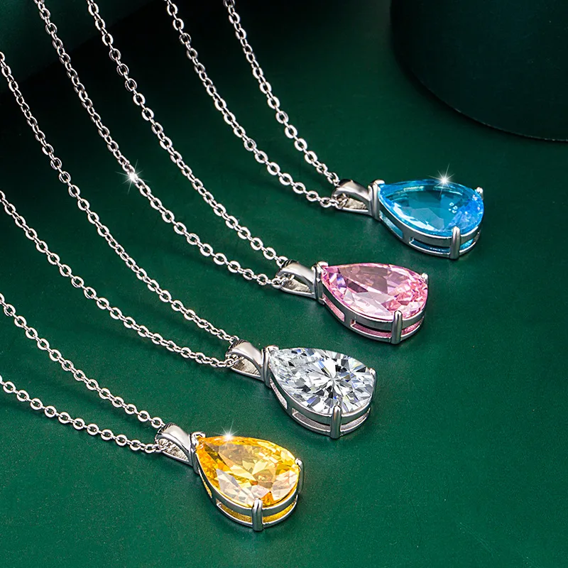 

New Water Drop Pear-shaped Pendant European and American Style Pink Diamond Necklace Fashion Colorful Treasure Pendant